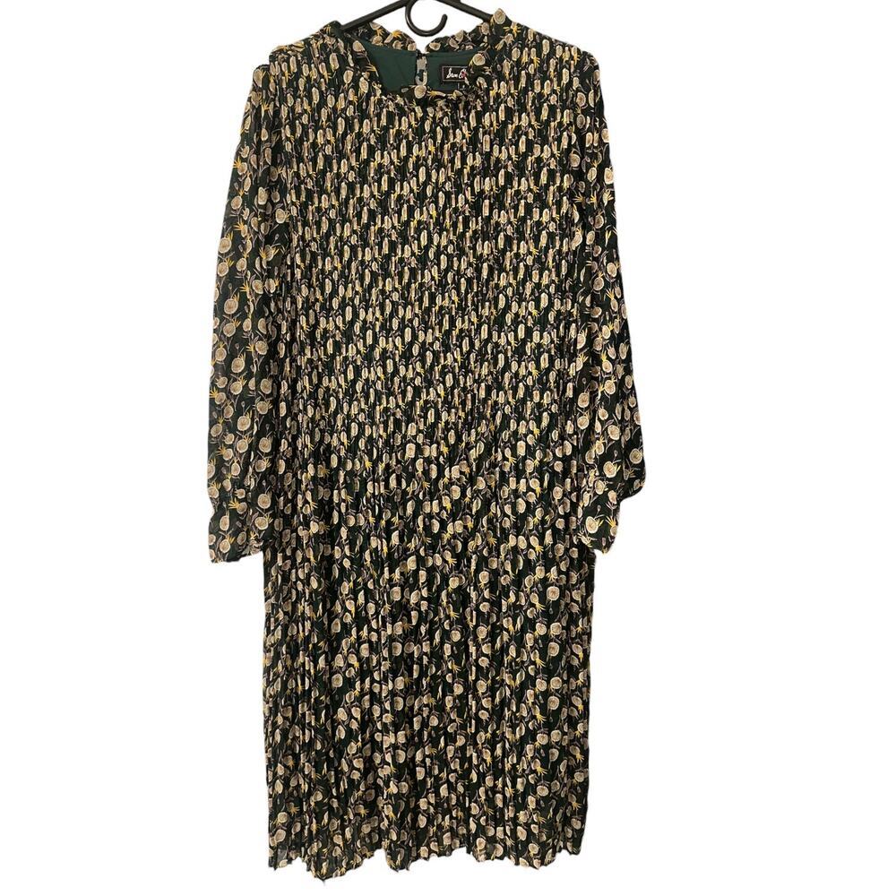 Sam Edelman Floral Pleated Midi Dress Green Long Sleeve Boho Cottagecore Size 8